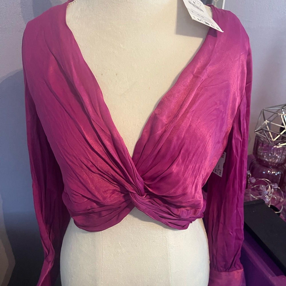 Zara Pink Long Sleeve Twist Front Crop Blouse